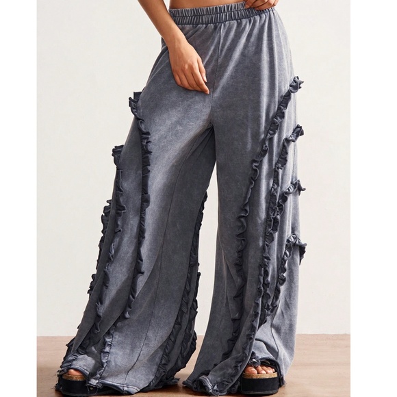 Mineral Wash Stretchy Waist Frill Detail Wide leg Pants - Picture 1 of 5